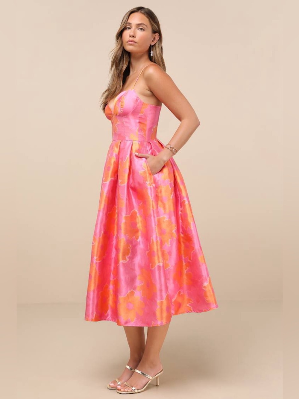 Lulus Vivinna Pink and Orange Floral Jacquard Pleated Midi Dress Size M NWT - Picture 4 of 15